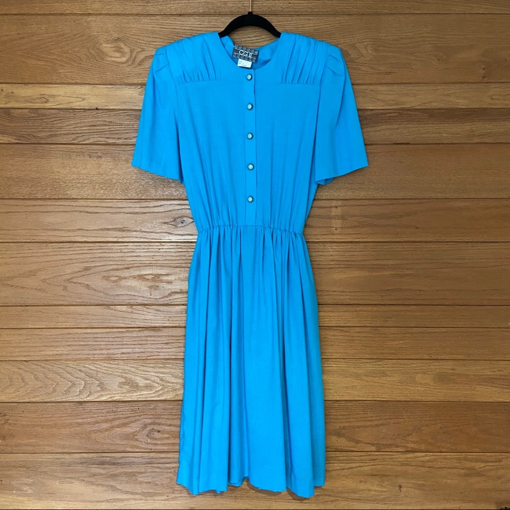 Vintage 1980s button front aqua blue day dress